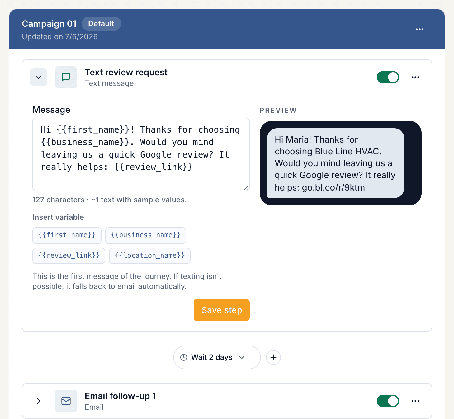 ReviewNudger follow-up message editor with the text review request step open for editing, followed by email follow-ups with wait steps