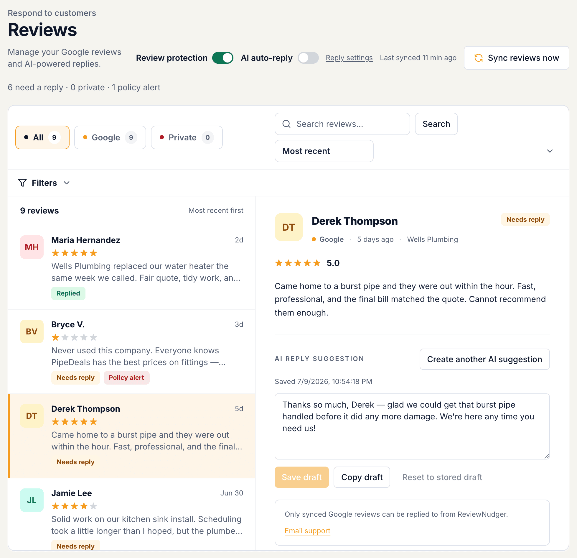ReviewNudger reviews inbox with a Google review selected and an AI reply draft ready to edit and post
